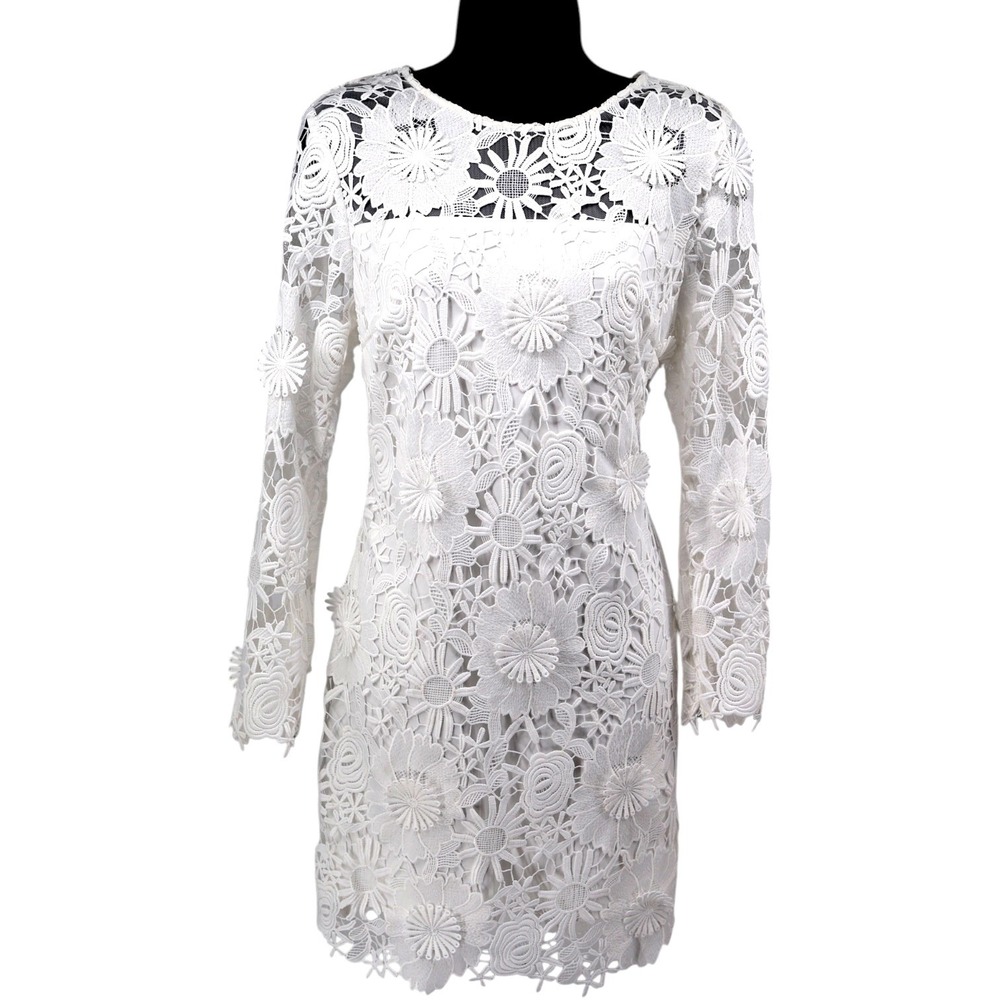 MILLY Nessa 3D Floral Lace Mini Dress Long Sleeve White Bridal Wedding 6